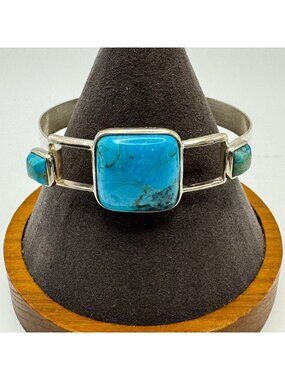 VTG Solid Sterling Silver 925 Turquoise Hook Bangle Bracelet Size 7.5" Fit